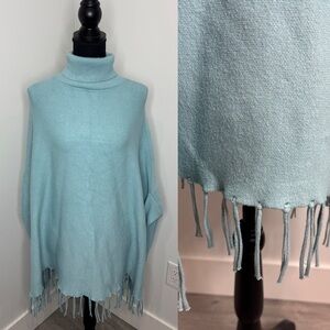 Turquoise Thick Turtleneck Poncho with Sleeves